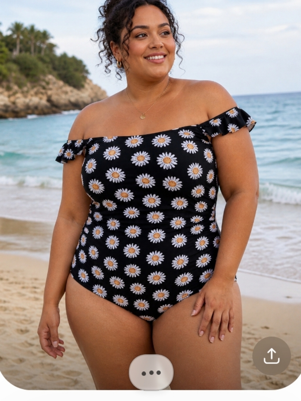 Black Daisy Print Off Shoulder One Piece Swimsuit 3XL Plus Size NWT